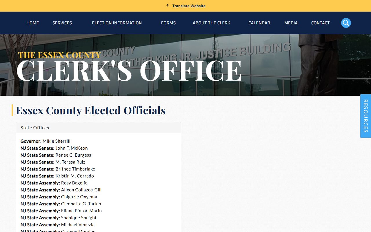 Essex County elected officials page including the County Clerk