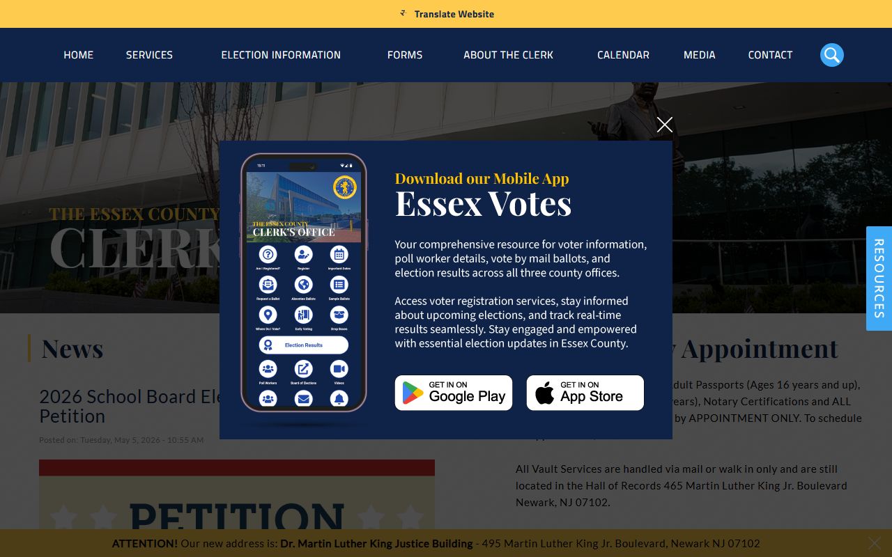 Essex County Clerk homepage for county clerk records and services