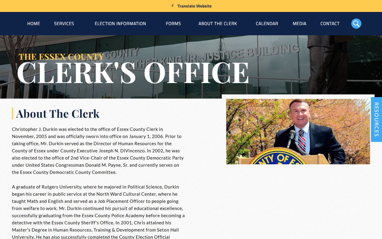 Essex County Clerk biography page for Christopher J. Durkin