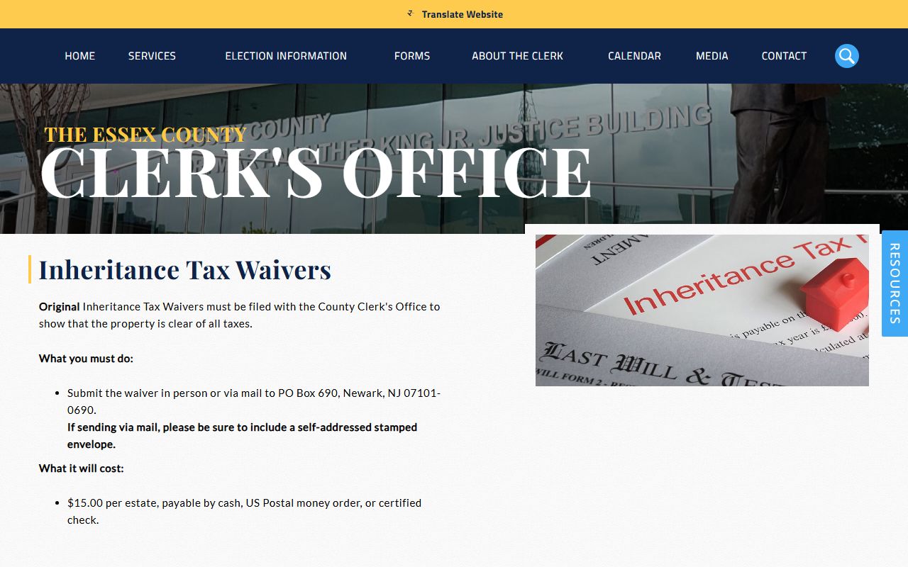 Essex County Clerk inheritance tax waiver page and fee