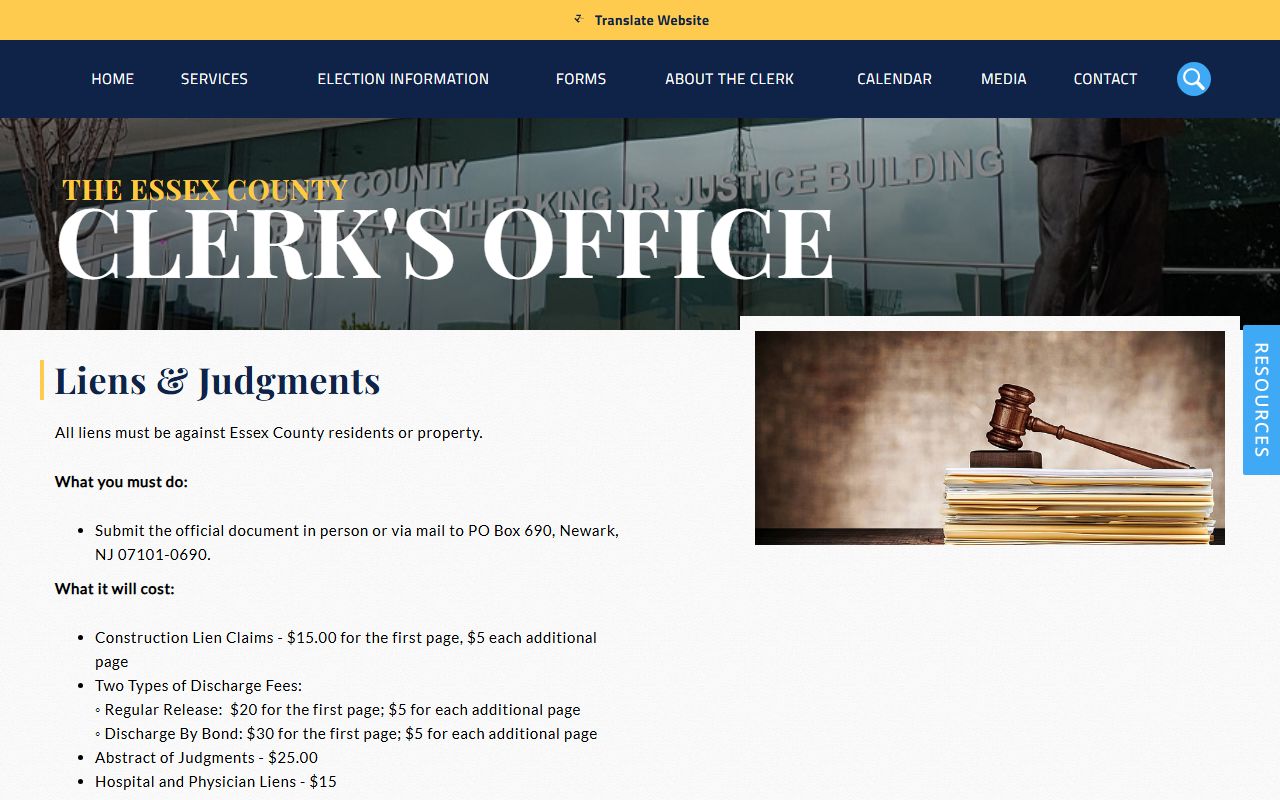 Essex County Clerk liens and judgments page with filing fees