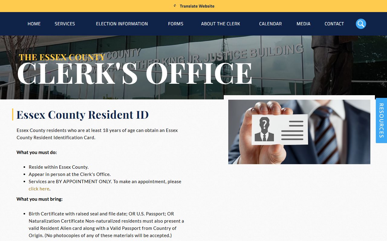 Essex County Clerk resident ID page with required proofs