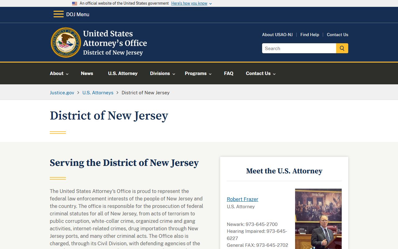 U.S. Attorney for the District of New Jersey, relevant to Essex County federal arrest records