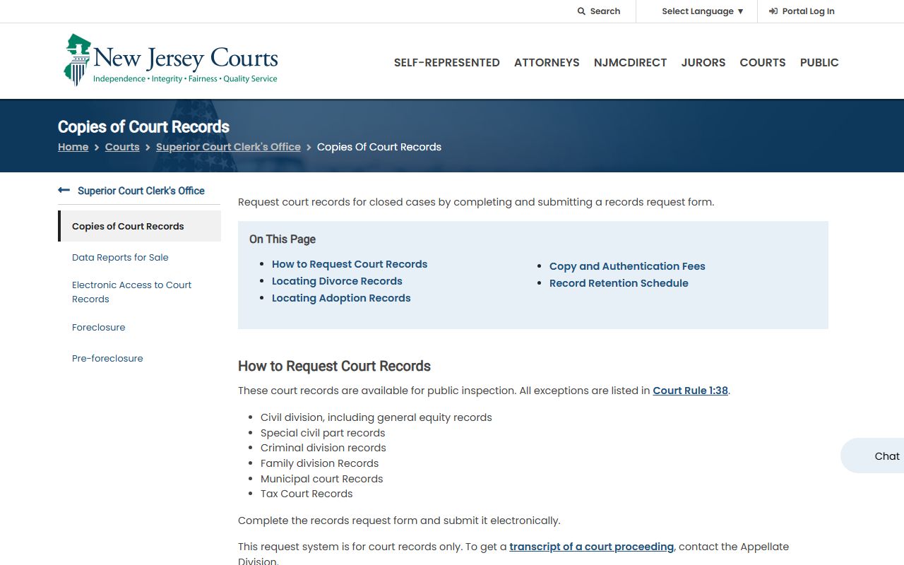 New Jersey Courts copies of court records page for Essex County court record requests