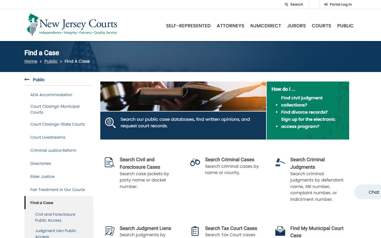 New Jersey Courts Find a Case page for Essex County Court records search