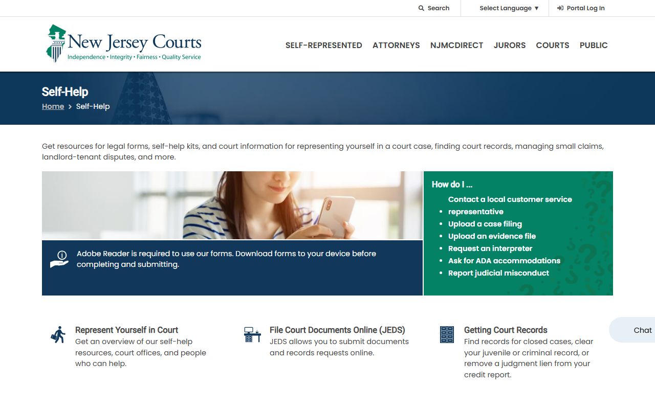 New Jersey Courts self-help page for Essex County court records and forms