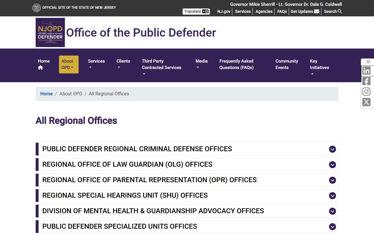 New Jersey Public Defender statewide regional offices, including the Essex County region