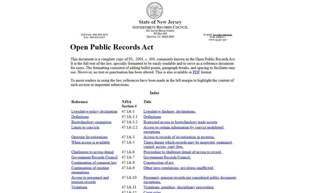 New Jersey Government Records Council OPRA page for Essex County public records appeals