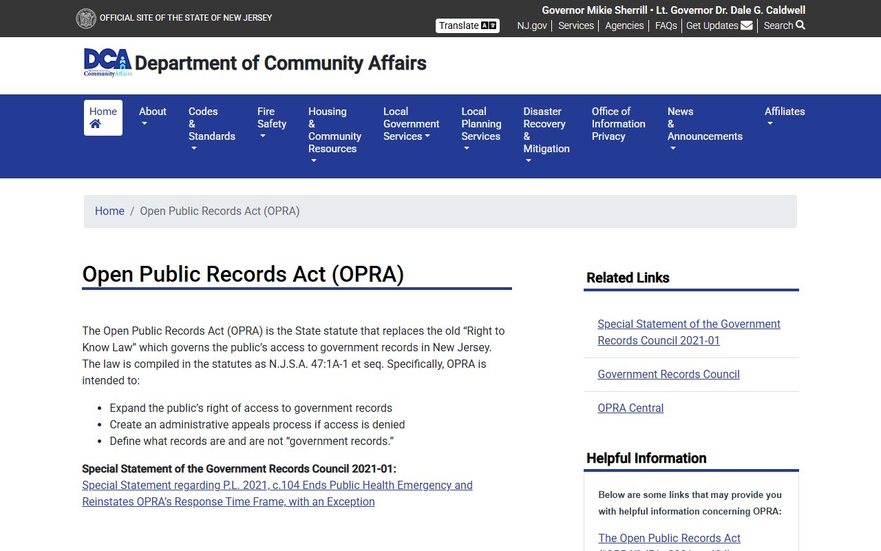 New Jersey OPRA overview page for Essex County public records requests