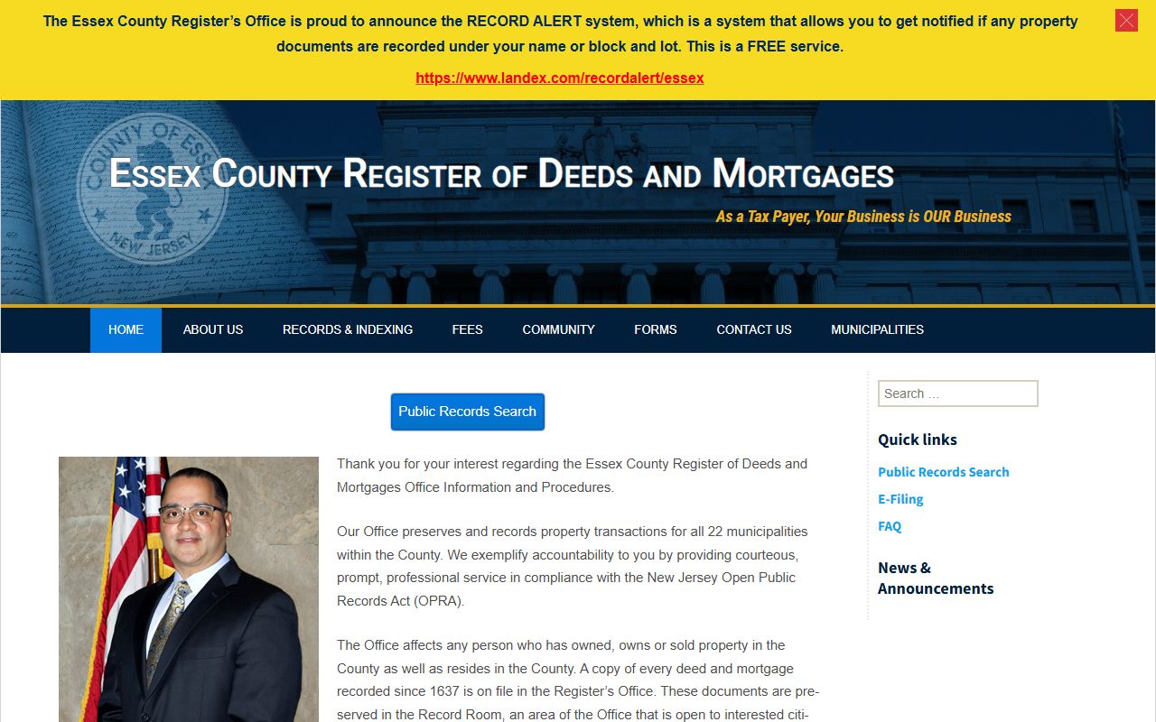 Essex County Register of Deeds and Mortgages homepage for land records
