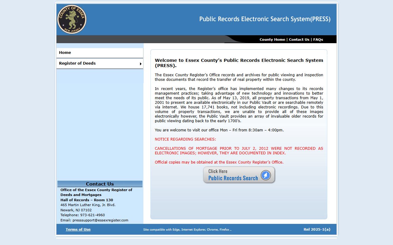 Essex County PRESS public land-record search entry for Essex County land records