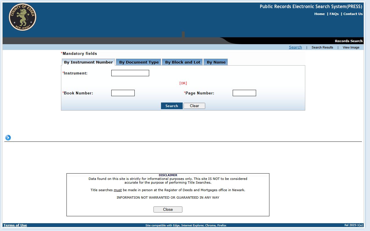 Essex County PRESS searchable form for land records