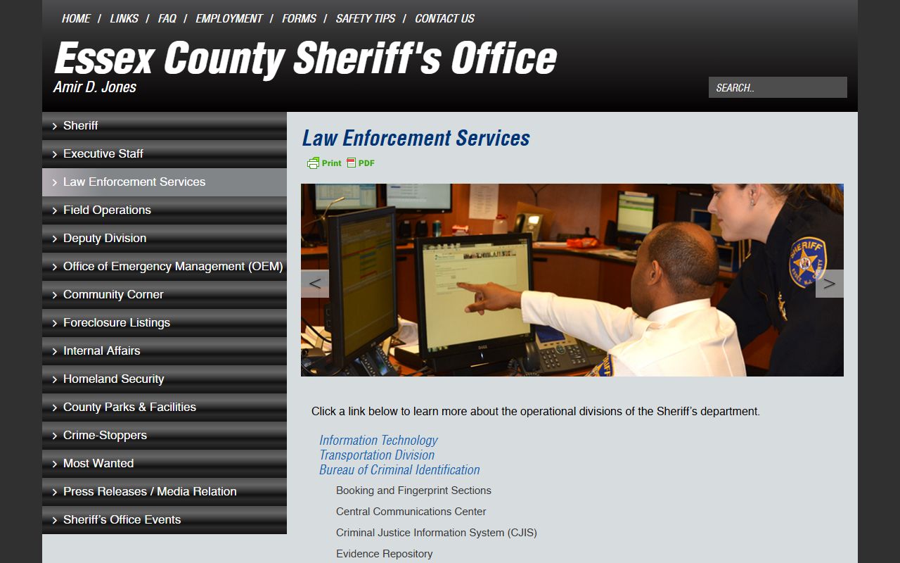 Essex County Sheriff law enforcement services including warrant processing