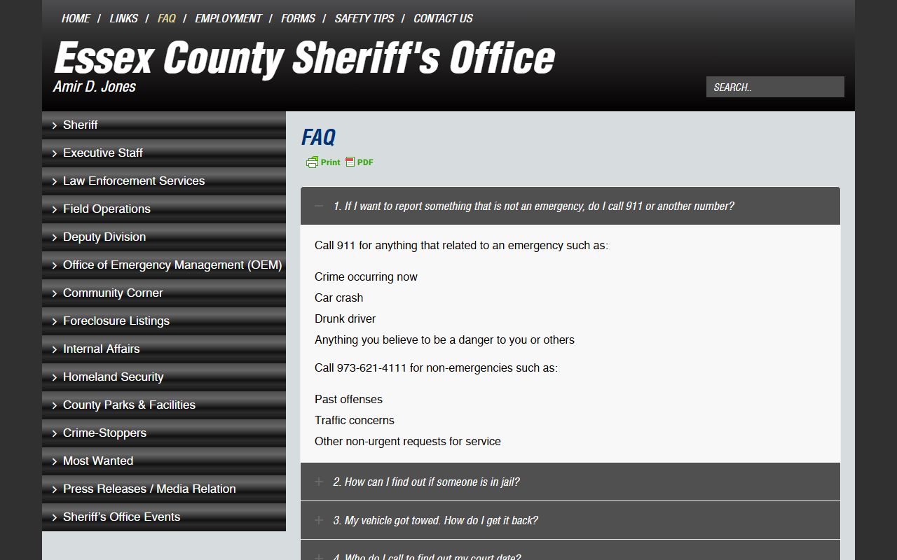 Essex County Sheriff FAQ page covering warrant checks in Essex County