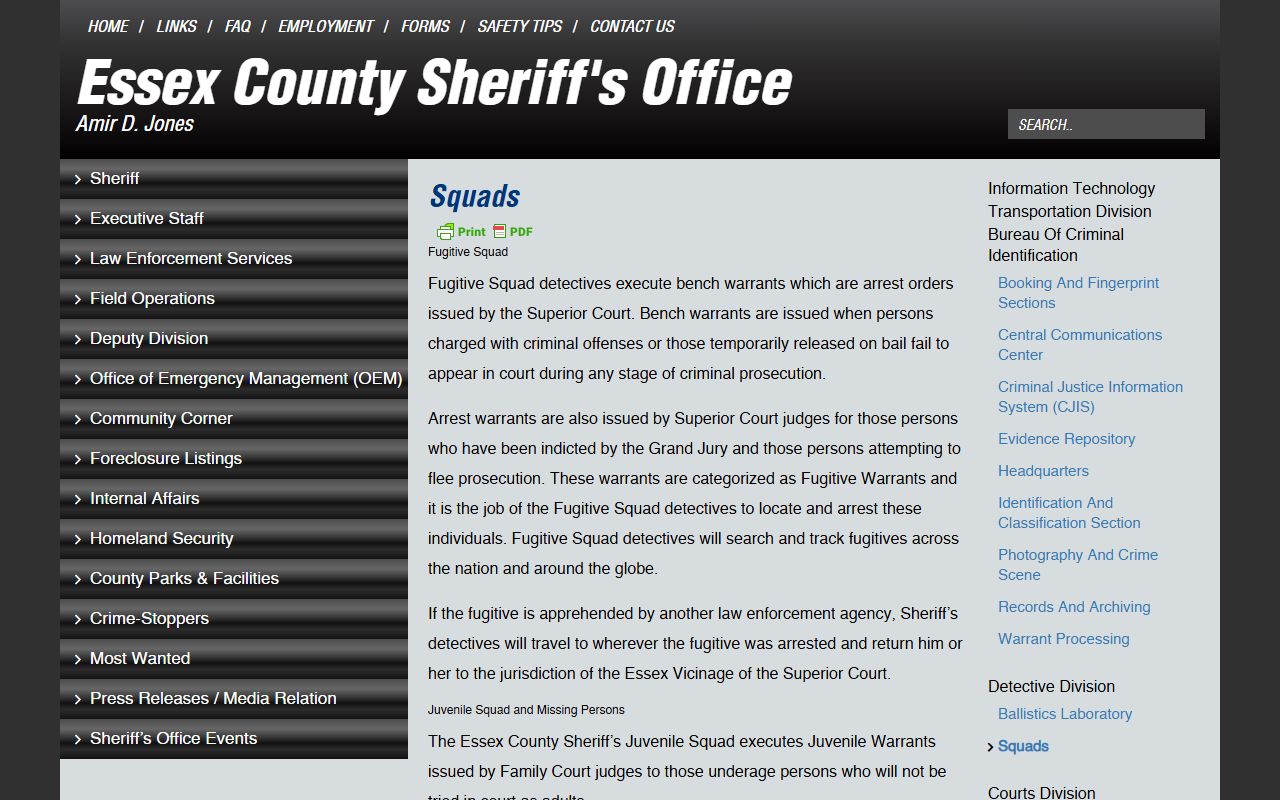 Essex County Sheriff squads page for Essex County warrant service